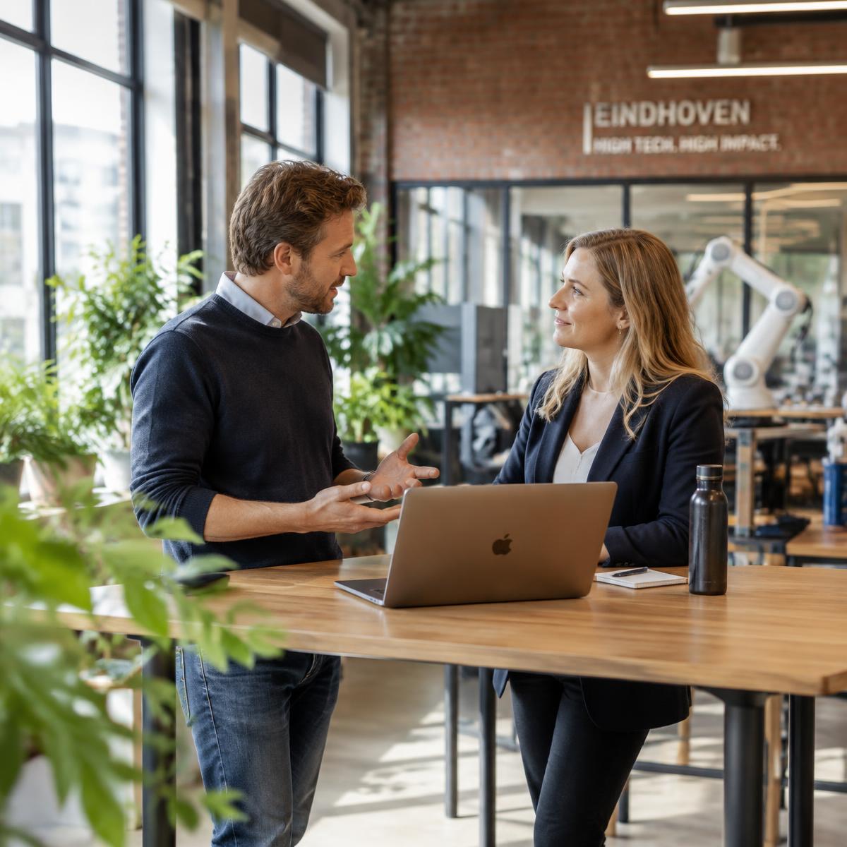 Ondernemer in gesprek met een adviseur in een hightech werkplaats in Eindhoven